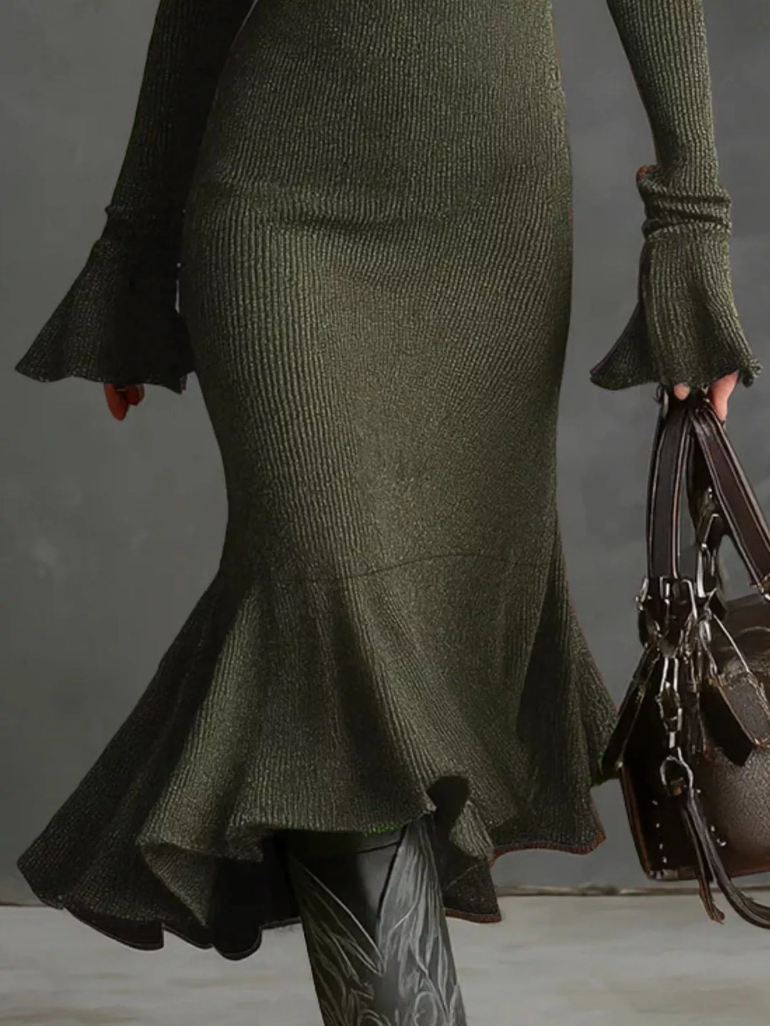 Ribbed Knit Zip Front Flare Hem Midi Dress