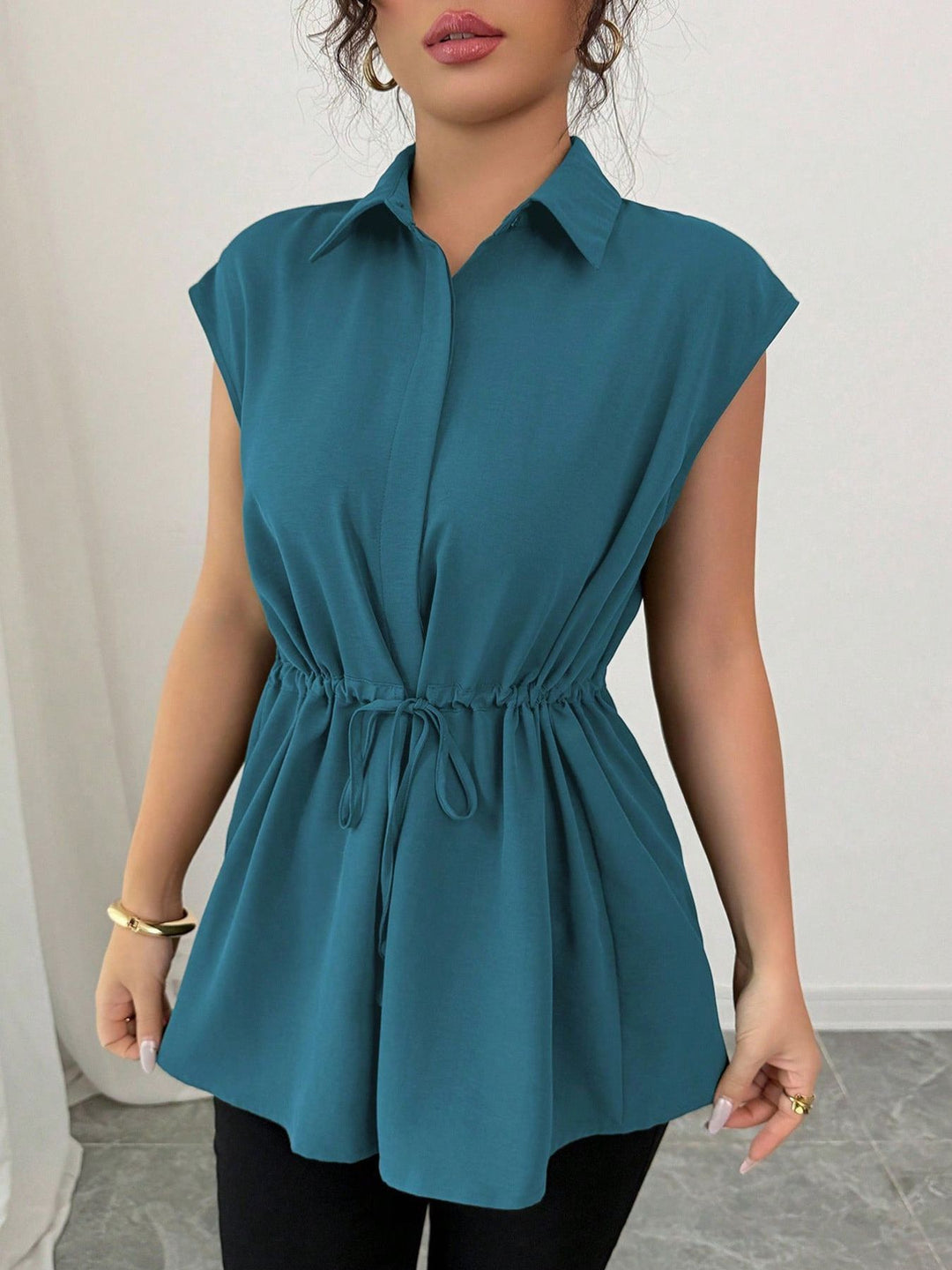 Drawstring Waist Cap Sleeve Shirt
