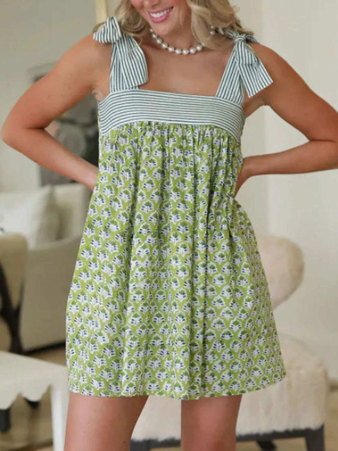 Printed Square Neck Tie Shoulder Mini Dress