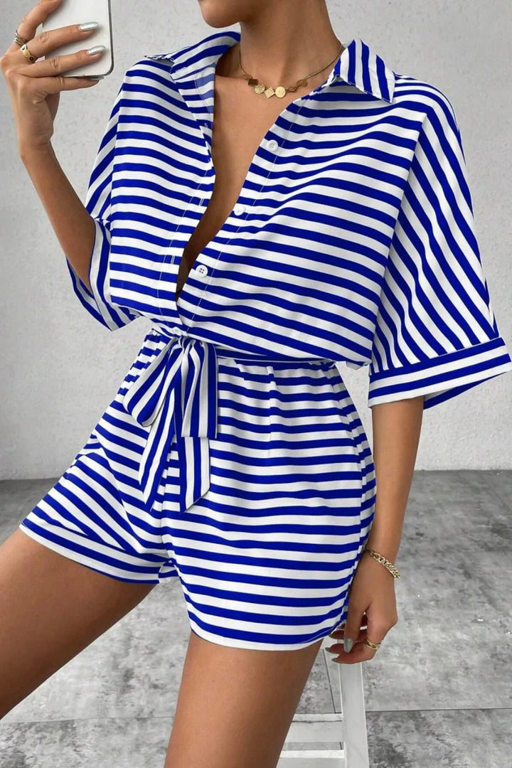 Striped Collared Neck Tie Waist Romper