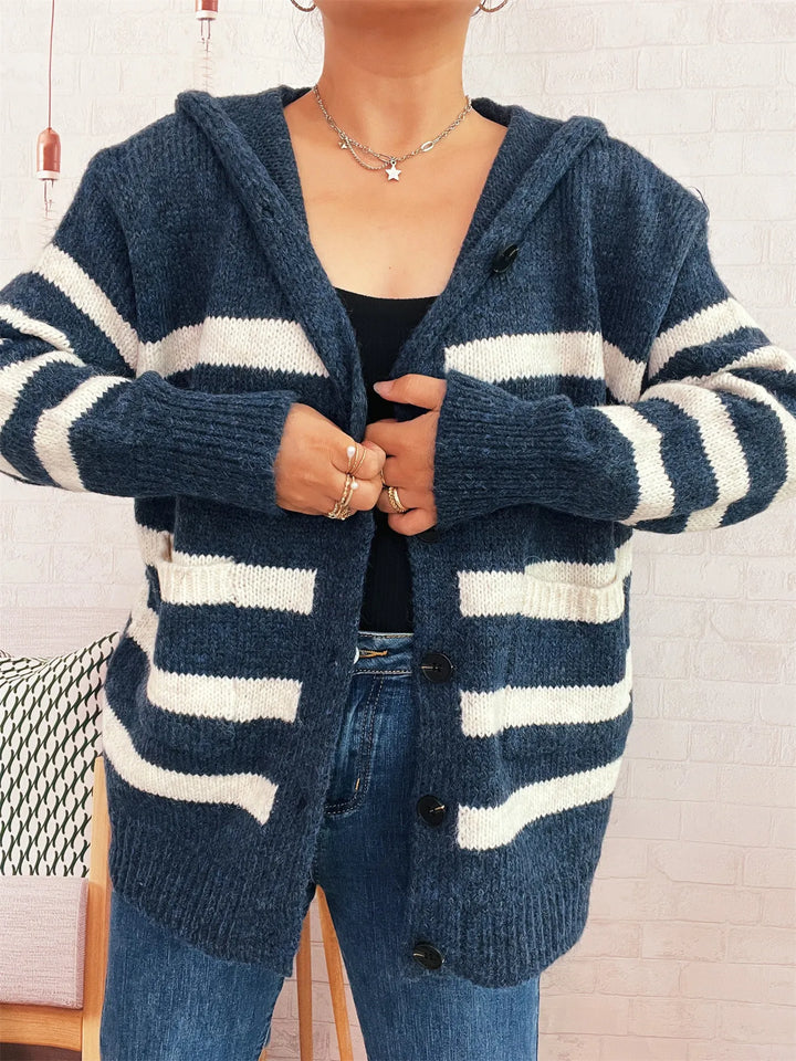 Striped Button-Up Hooded Cardigan