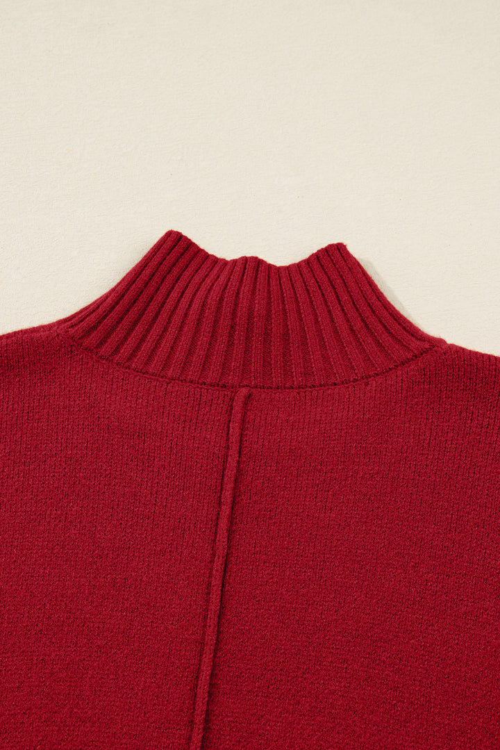 Fiery Red Ribbed High Neck Front Pockets Center Seam Shift Sweater Dress