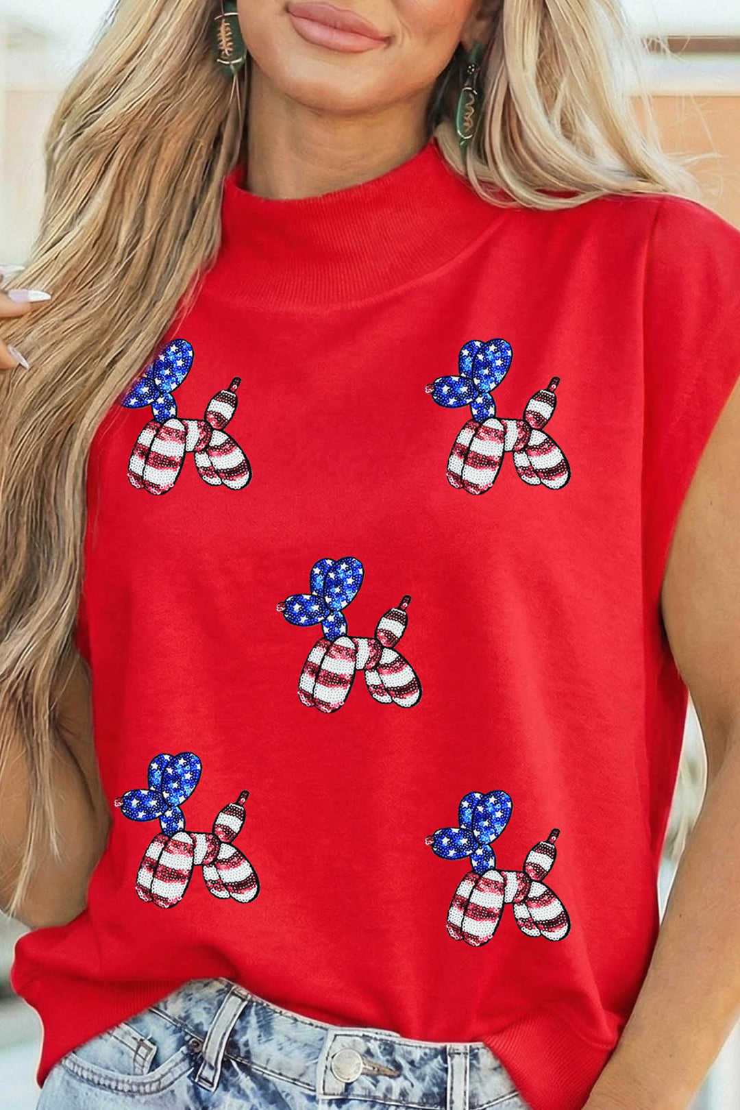 Racing Red Sequin American Flag Balloon Dog High Neck Short Sleeve Top