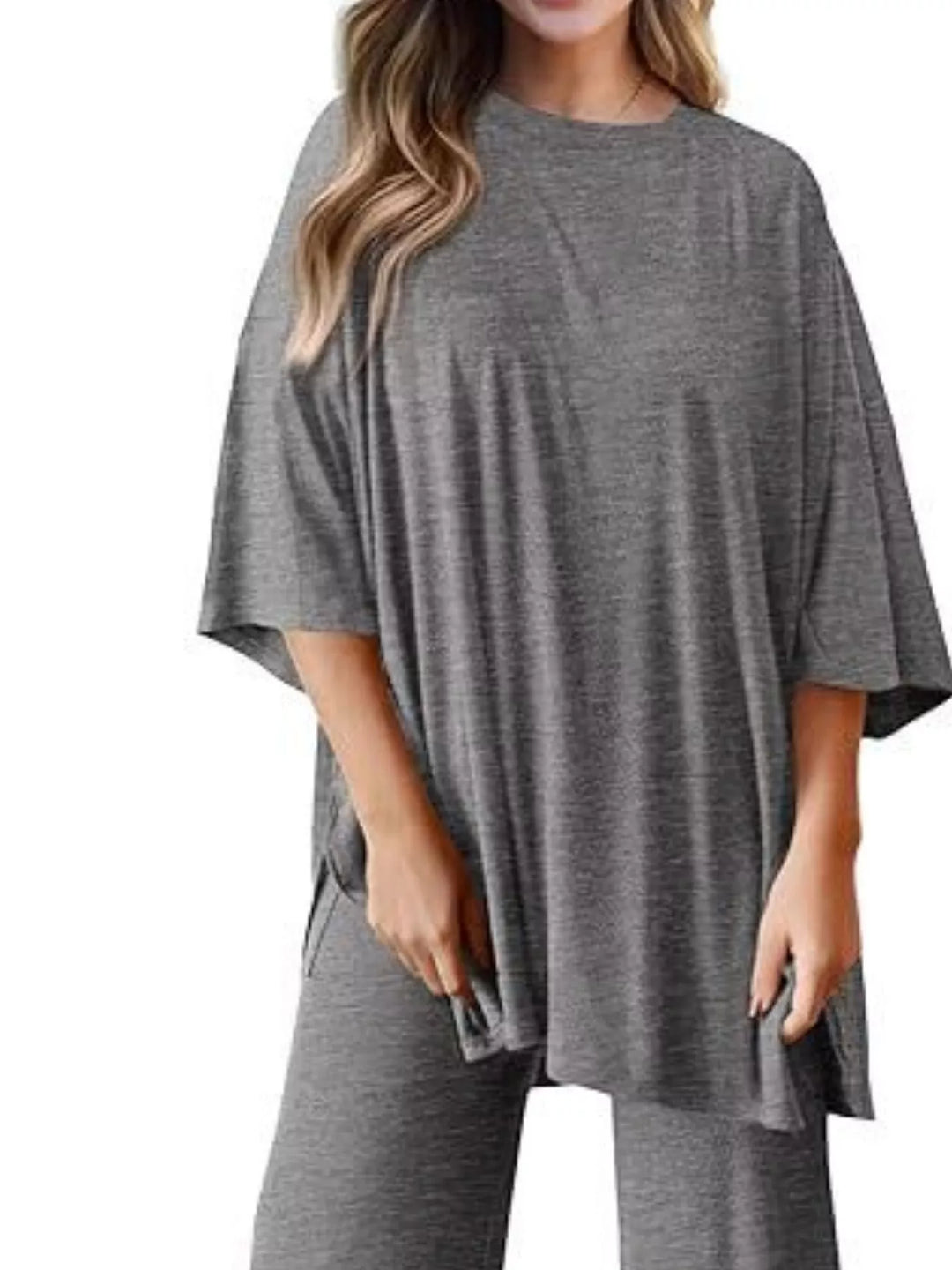 Slit Round Neck Top and Pants Set
