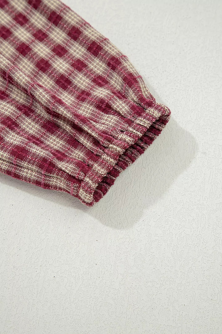 Country Plaid Long Sleeve Button Keyhole Pleated Loose Blouse