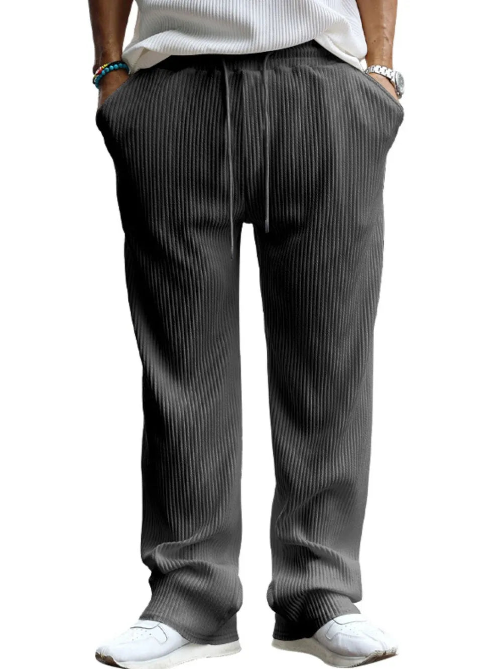 Men's Full Size Ribbed Drawstring Wide Leg Pants with Plus Size