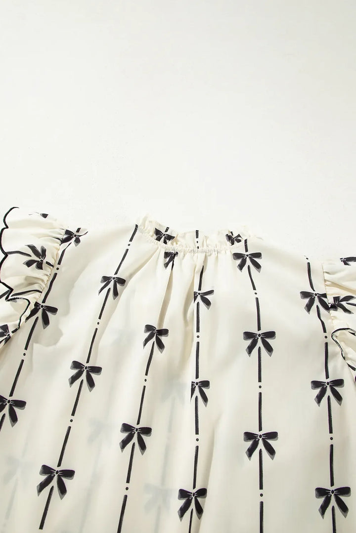 Bow Print Tie Neck Short Sleeve Blouse