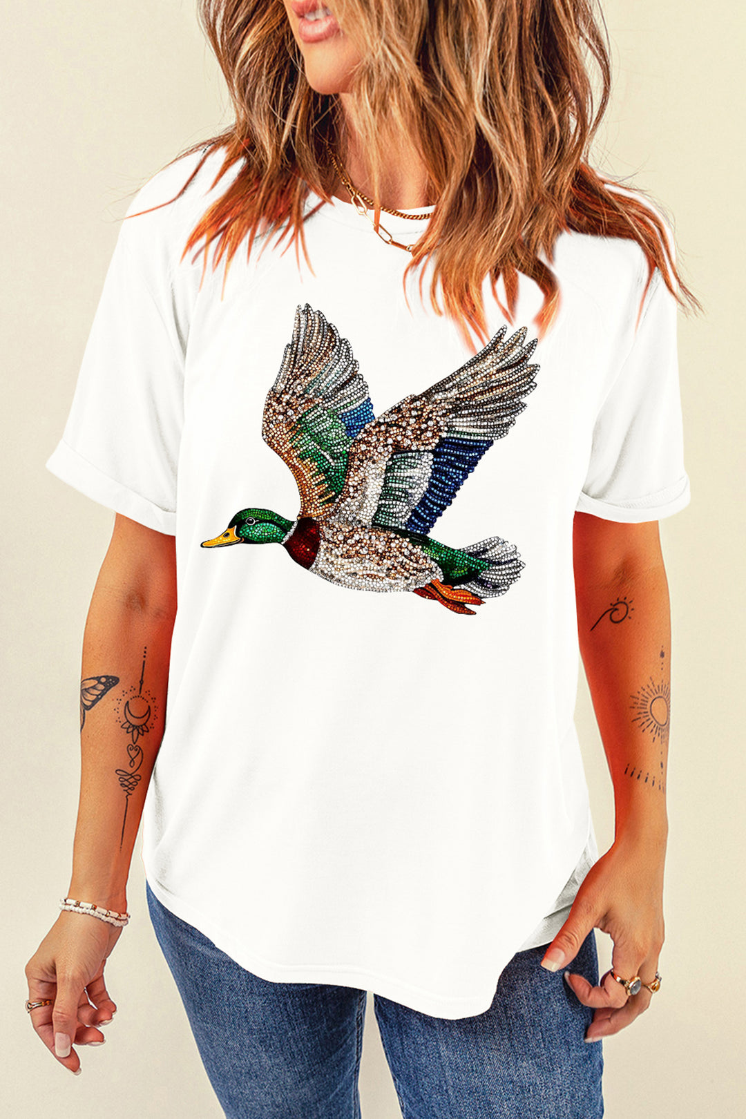 White Flying Mallard Print Crew Neck T Shirt