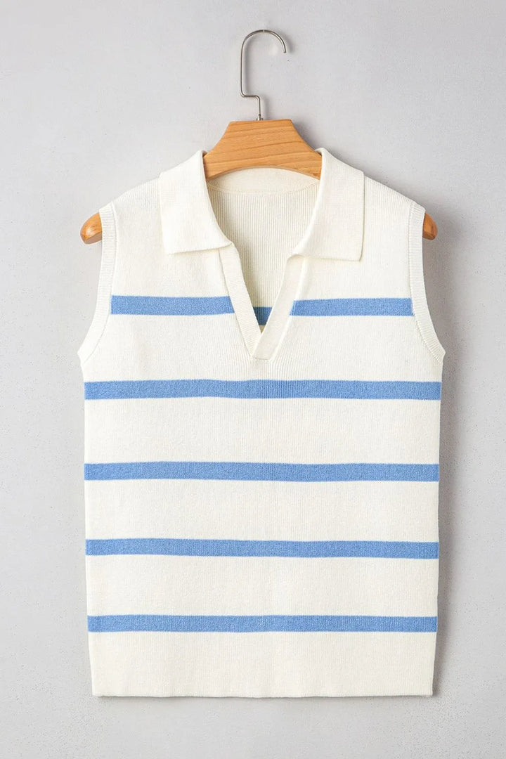 Stripe Split V Neck Collared Ribbed Sweater Vest