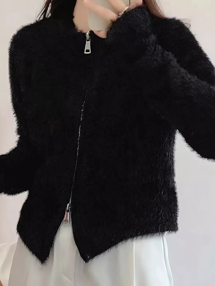 Fluffy Knit Zip-Up Outerwear