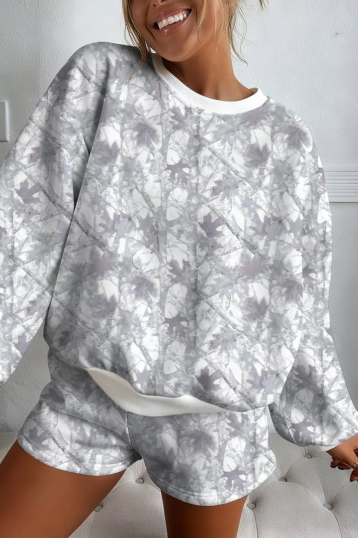 Abstract Woodland Camo Print Baggy Pullover Drawstring Shorts Set