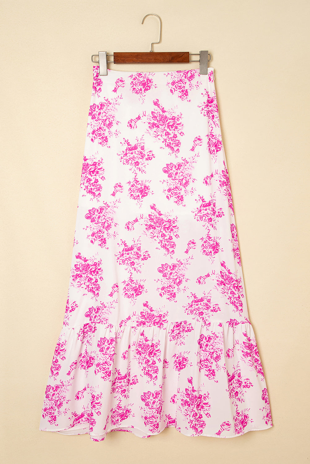 Jupe longue fendue à volants taille haute à fleurs style bohème rose