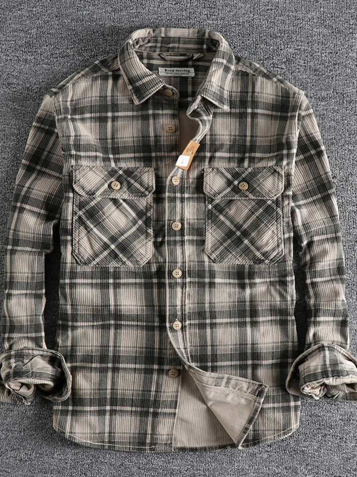 Men's Plus Size Button Down Plaid Corduroy Shirt with Chest Pockets