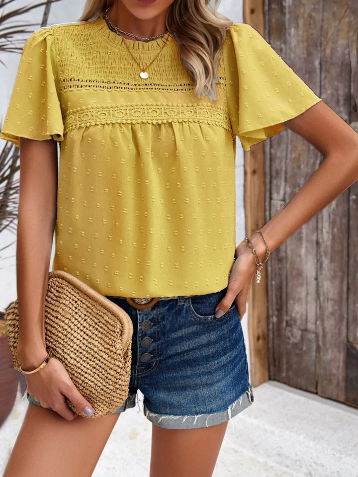 Devine Swiss Dot Smocked Round Neck Short Sleeve Blouse