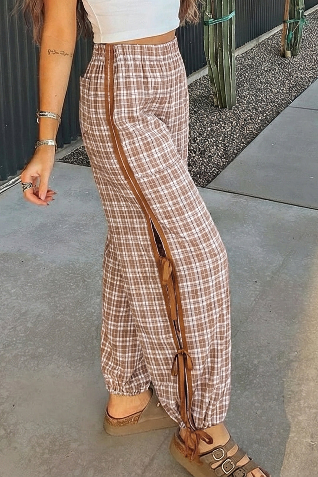 Chestnut Plaid Print Elastic Waist Bow Tie Contrast Detail Jogger Pants