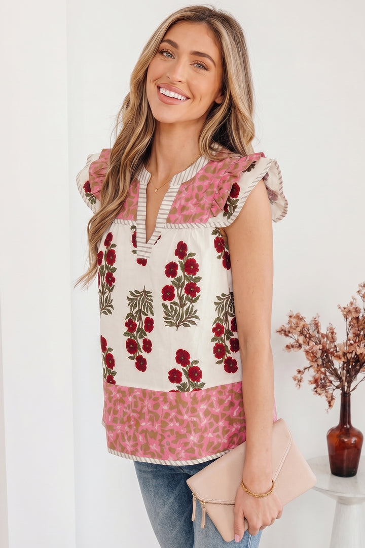 White Floral Print Contrast Striped Trim Flutter Cotton Blouse