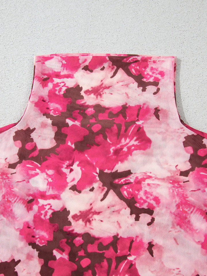 Floral Mesh Flounce Sleeve Mock Neck Blouse