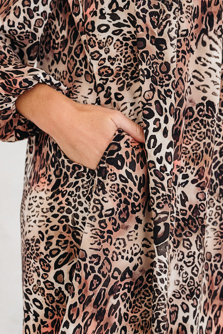 Brown Leopard Ruffled Detail Long Sleeve Loose Mini Dress