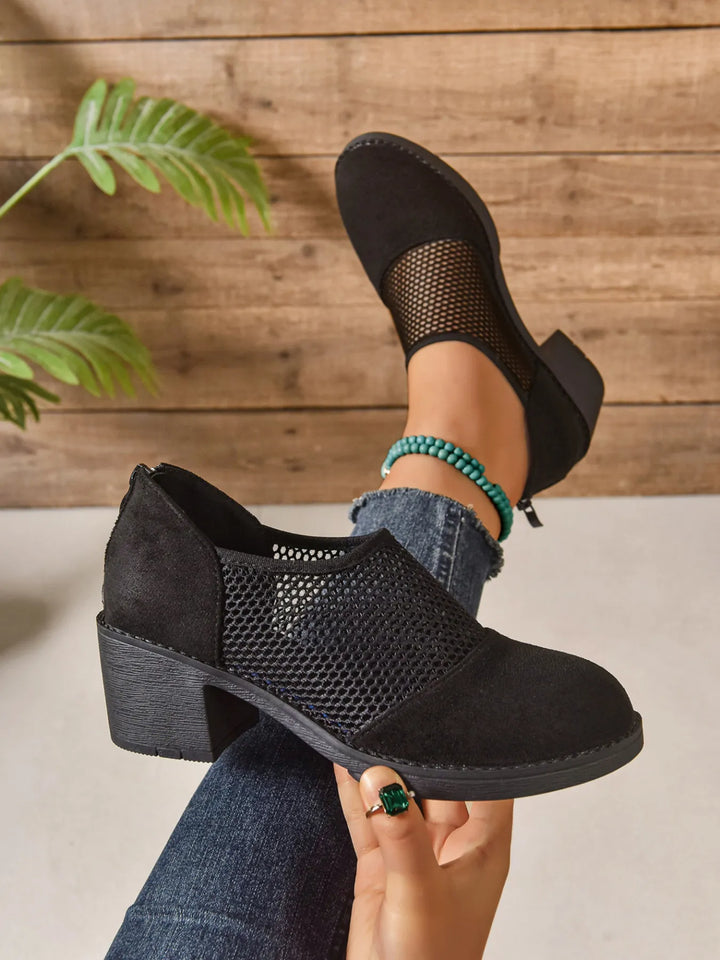 Mesh Panel Block Heel Pumps