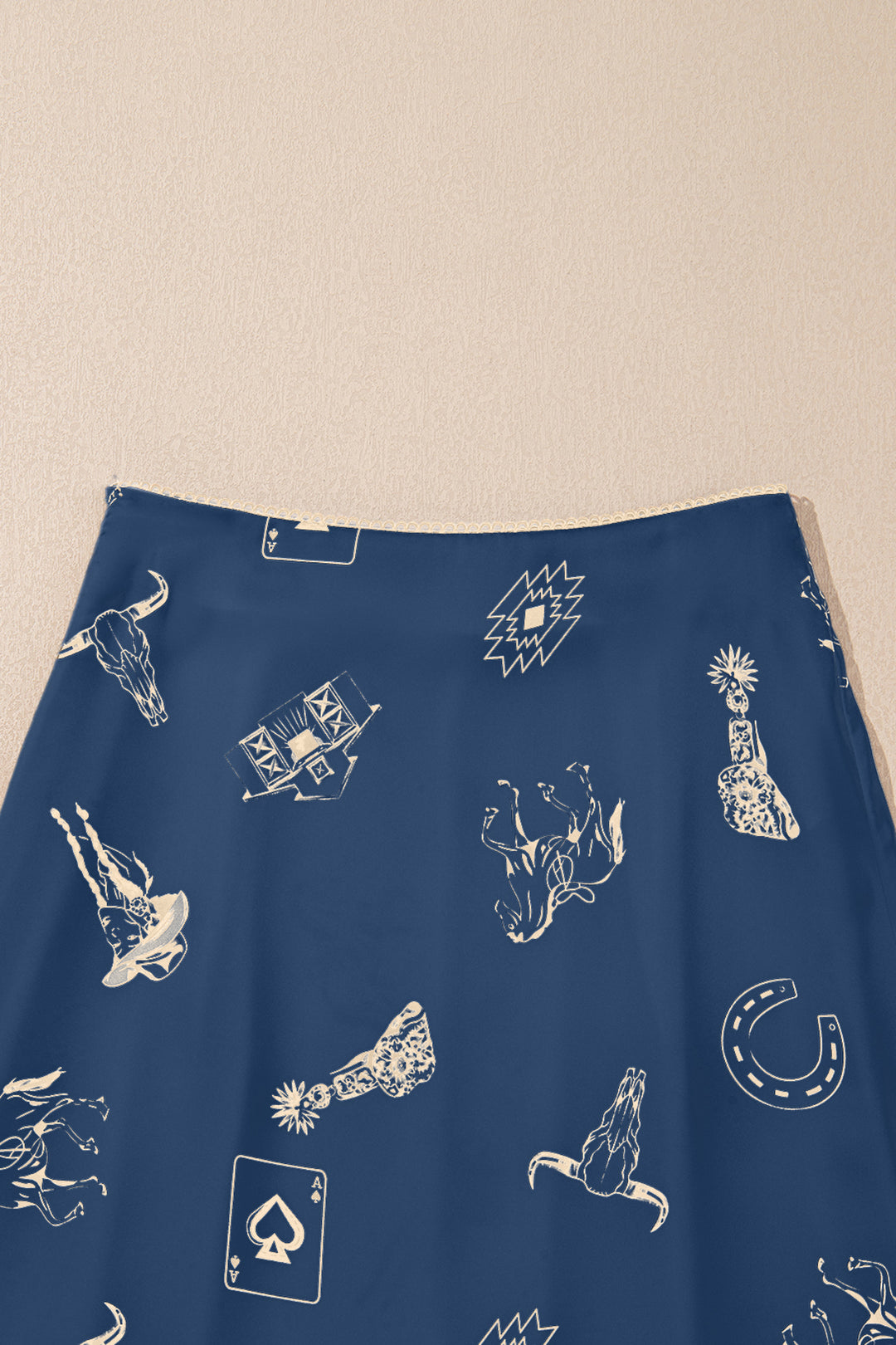 Navy Blue Western Print Satin Long Skirt
