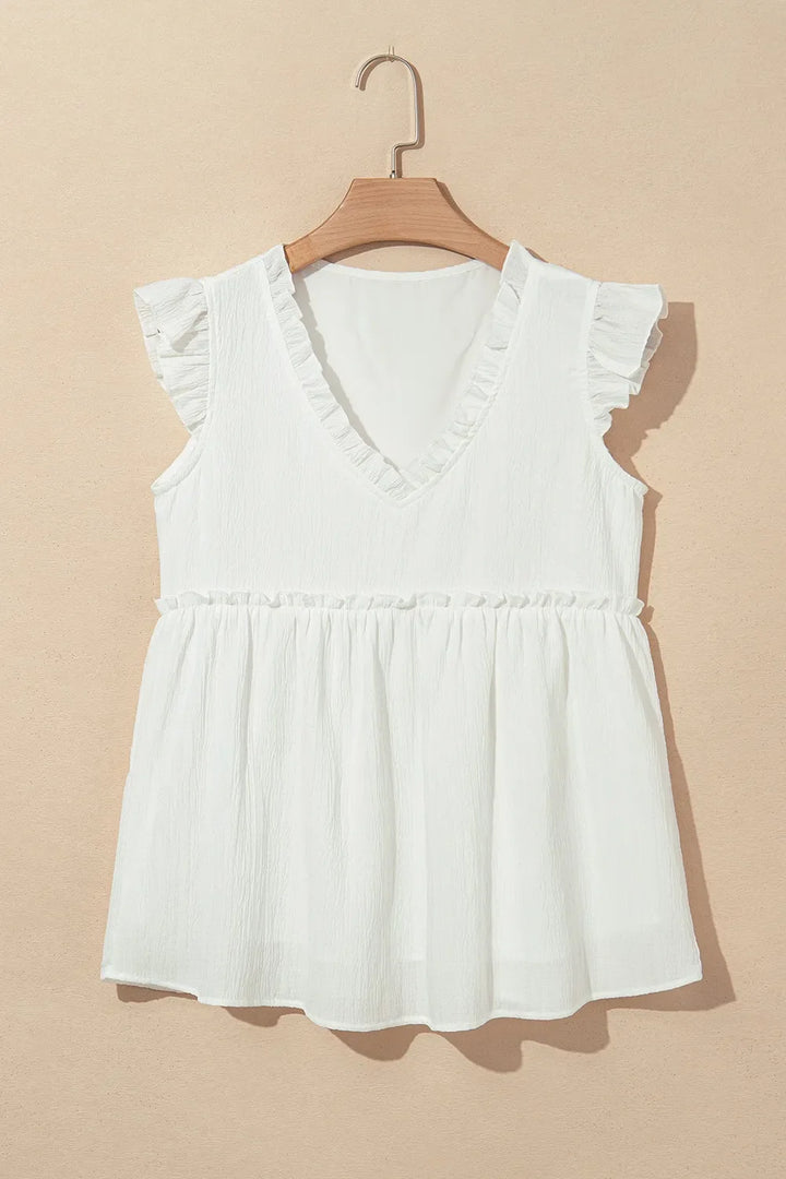 Ruffled Trim V Neck Flutter Flowy Top
