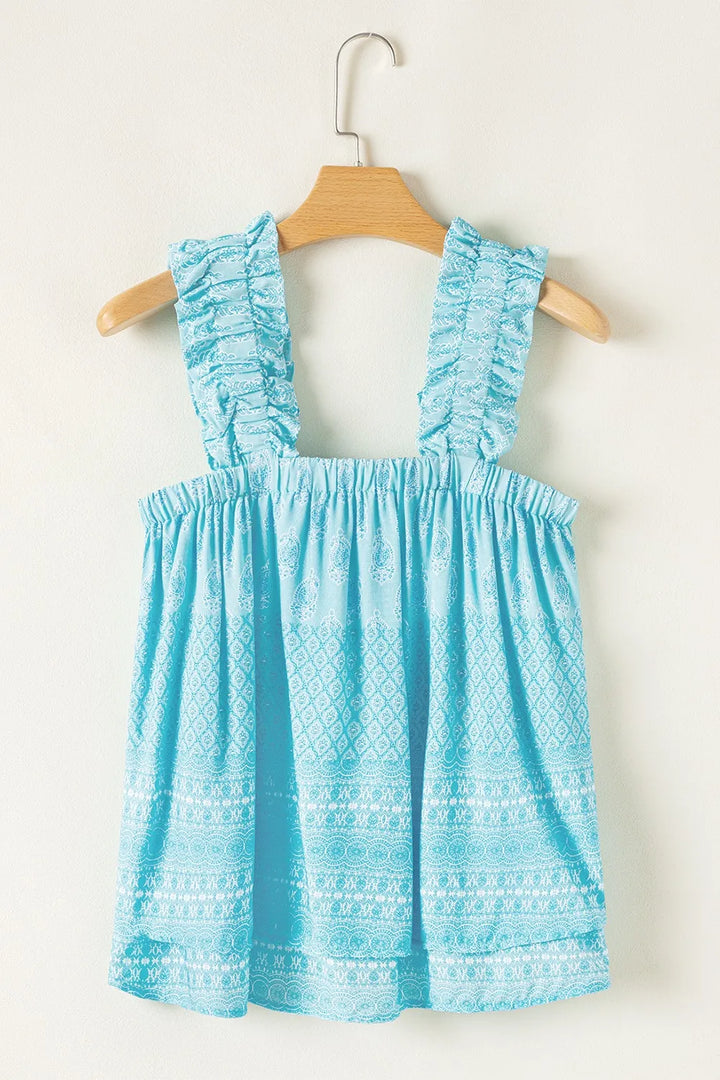 Printed Ruffled Wide Straps Tank