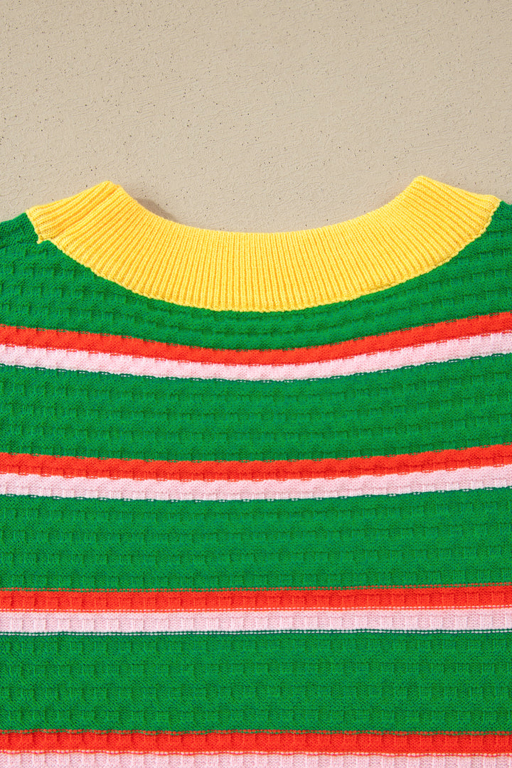 Green Stripe Colorblock Trim Half Sleeve Sweater Top