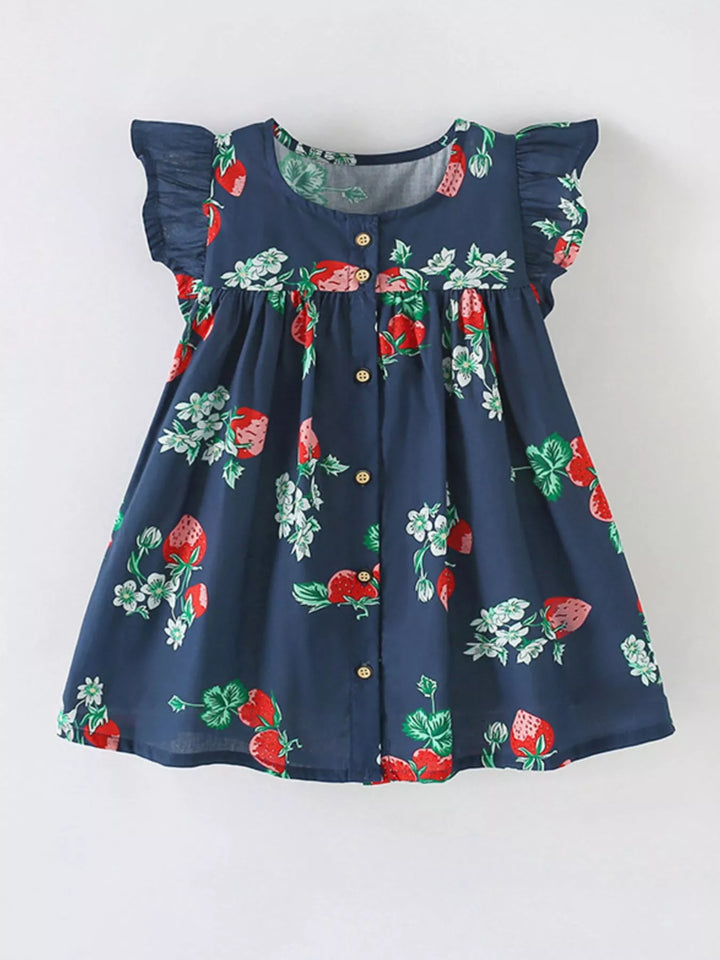 Children's Strawberry Print Ruffle Sleeve Button-Down Dress