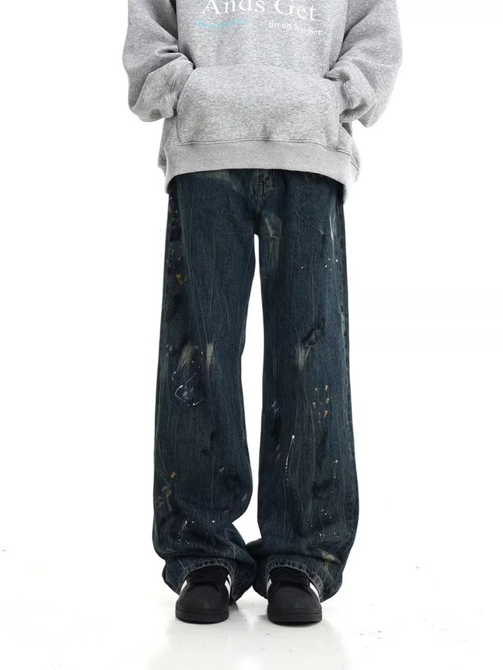 Men's Full Size Paint-Splattered Wide Leg Jeans Plus Size