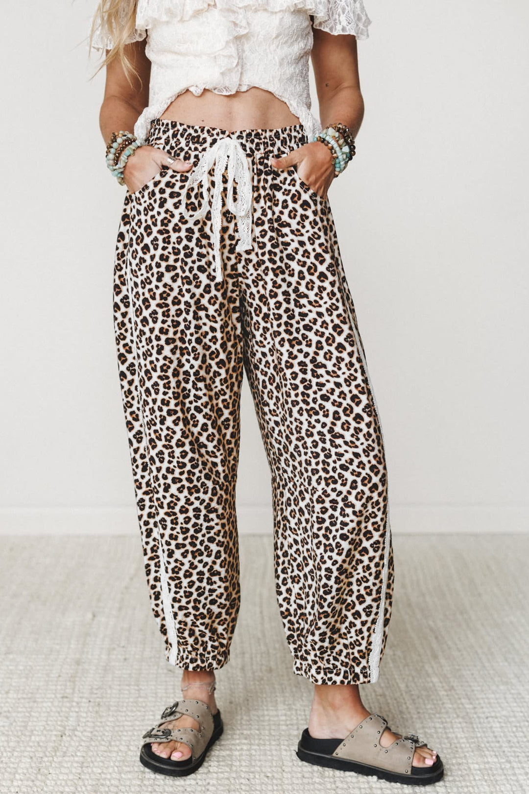 Black Leopard Print Ankle-Length Elastic Waist Pants