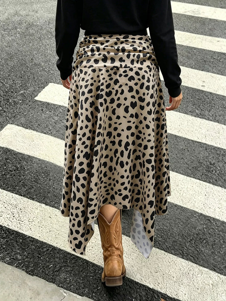 Leopard Print Asymmetrical Hem Midi Skirt