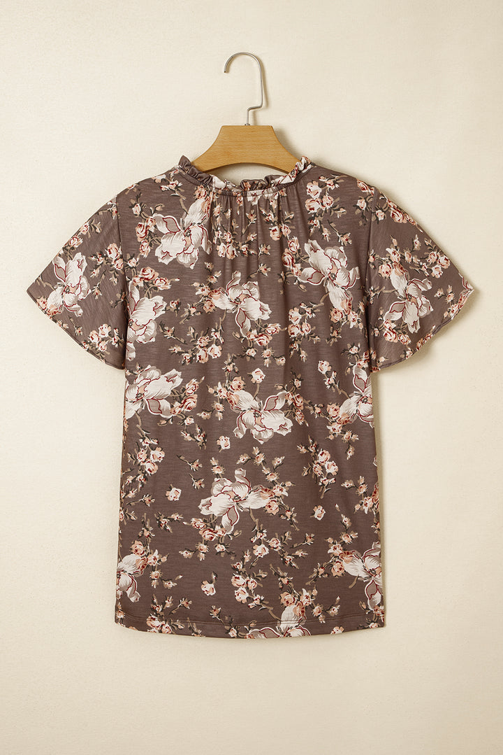 Khaki Retro Floral Print Tassel Tie Split Neck Short Sleeve Blouse