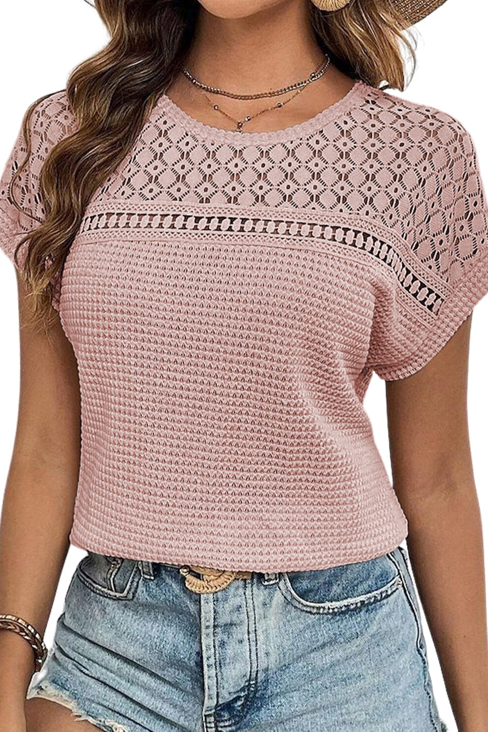 Haut à manches courtes gaufré en dentelle rose clair