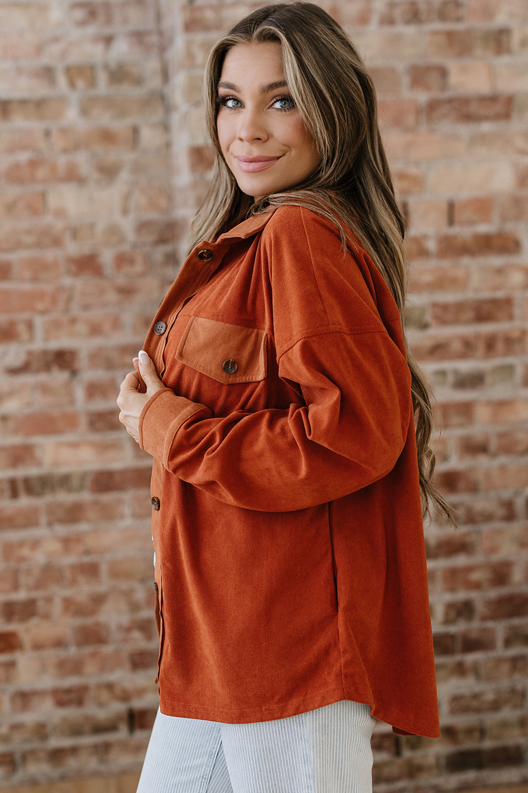 Gold Flame Velvet Flap Pockets Drop Shoulder Casual Shacket