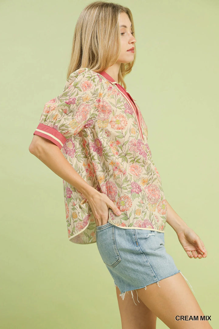 Umgee Mix Floral Puff Sleeve Blouse with Contrast Trim