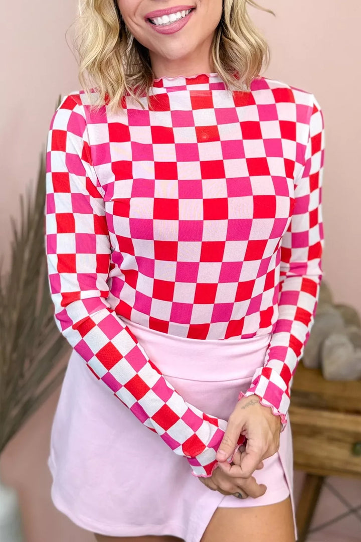 Plaid Heart Mesh Sheer Long Sleeve High Neck Top