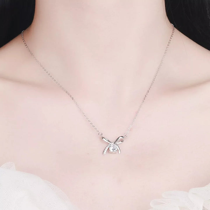 925 Sterling Silver Zircon Ribbon Pendant Necklace