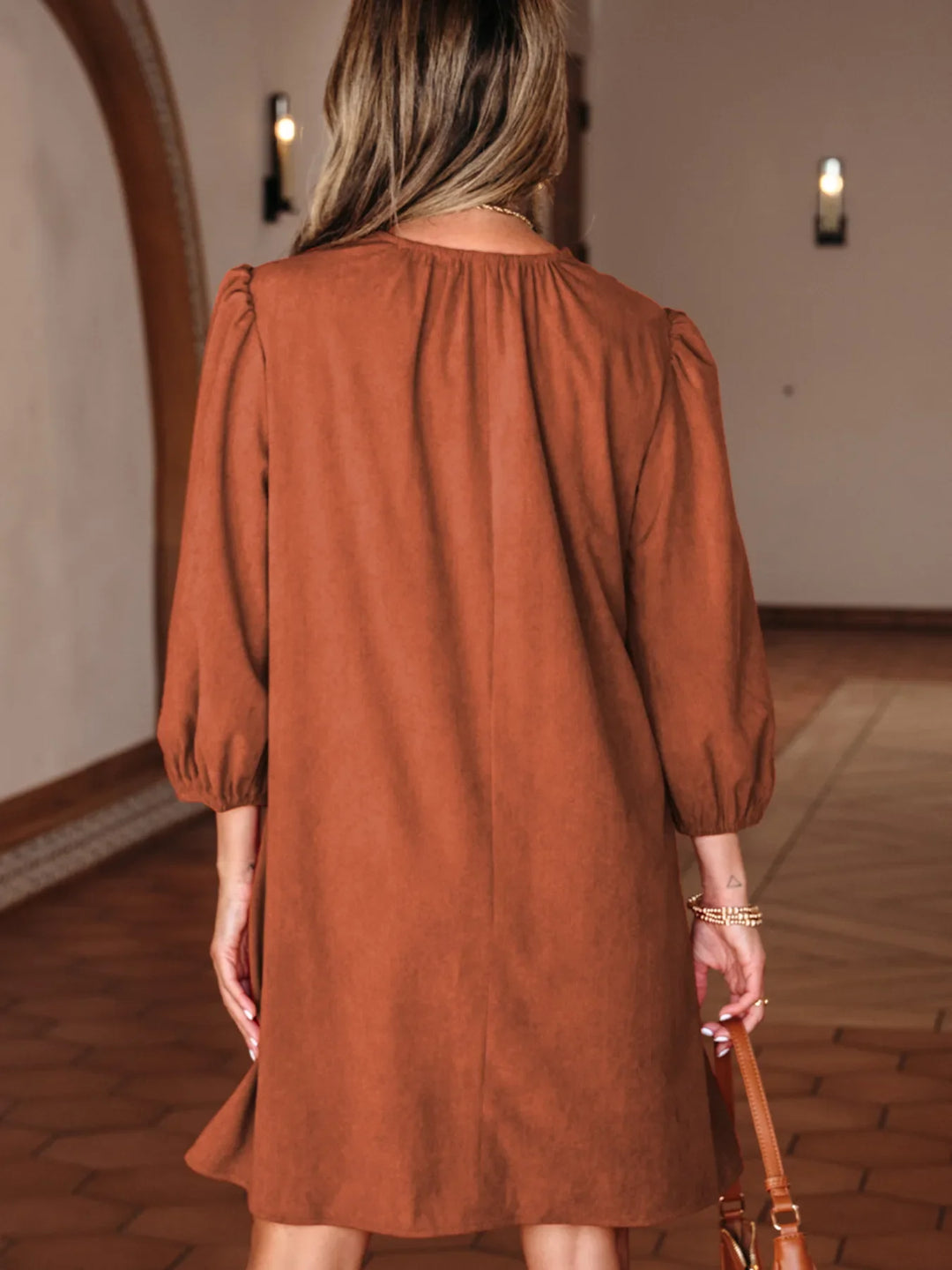 Split Neck Scallop Detail Corduroy Mini Dress