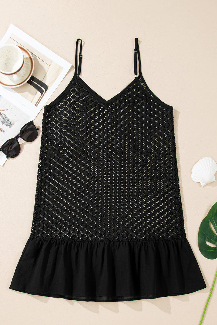 Black See Through Patterned Knit Ruffle Hem Patchwork Beach Cover Up