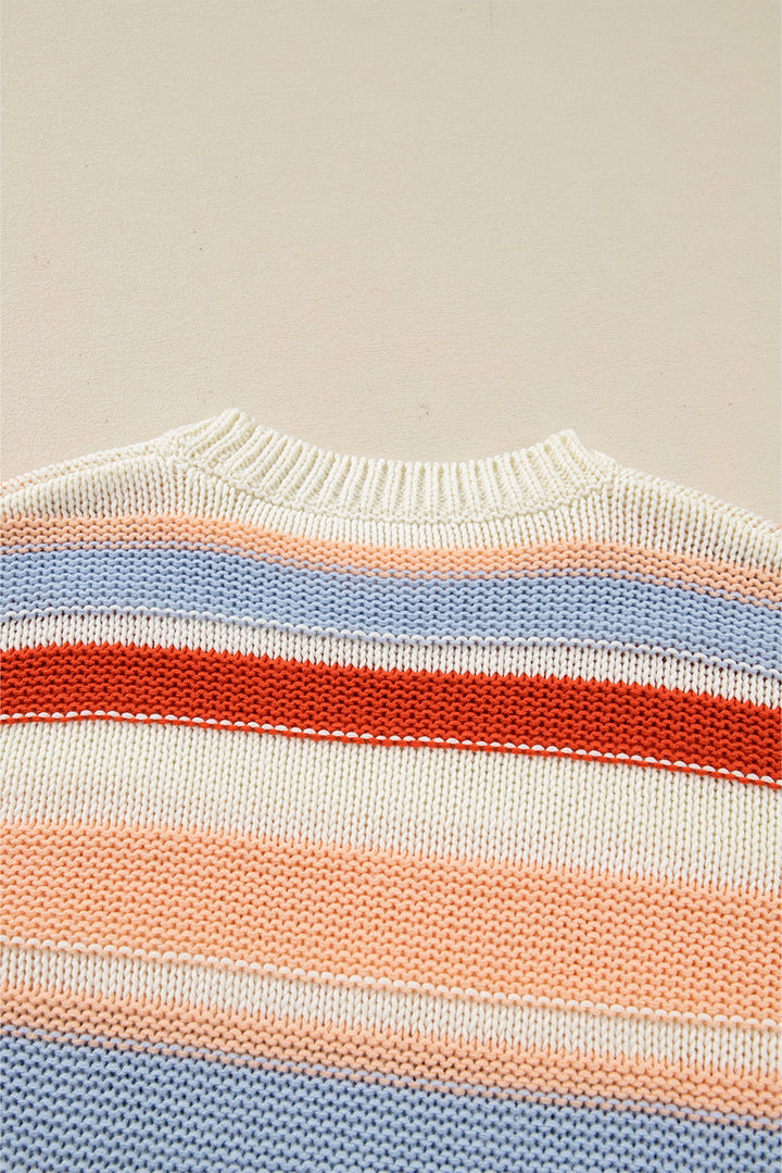 Pink Striped Colorblock Round Neck Drop Shoulder Sweater