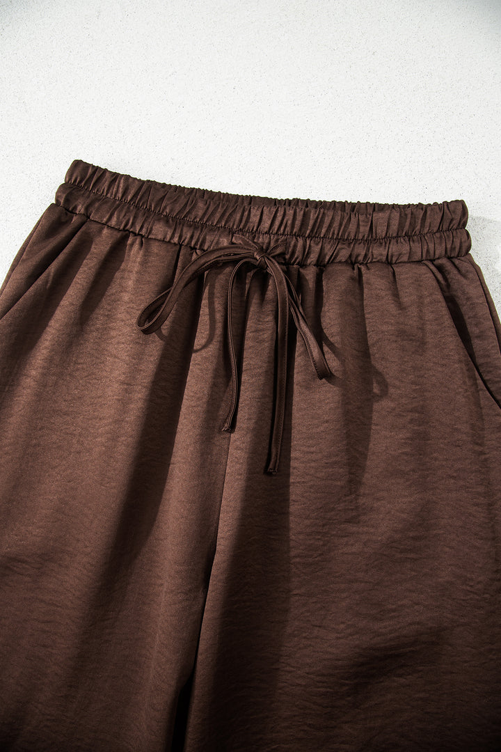 Dark Brown Braided V Neck Long Sleeve Loose Top and Drawstring High Waist Pants 2pcs Outfit