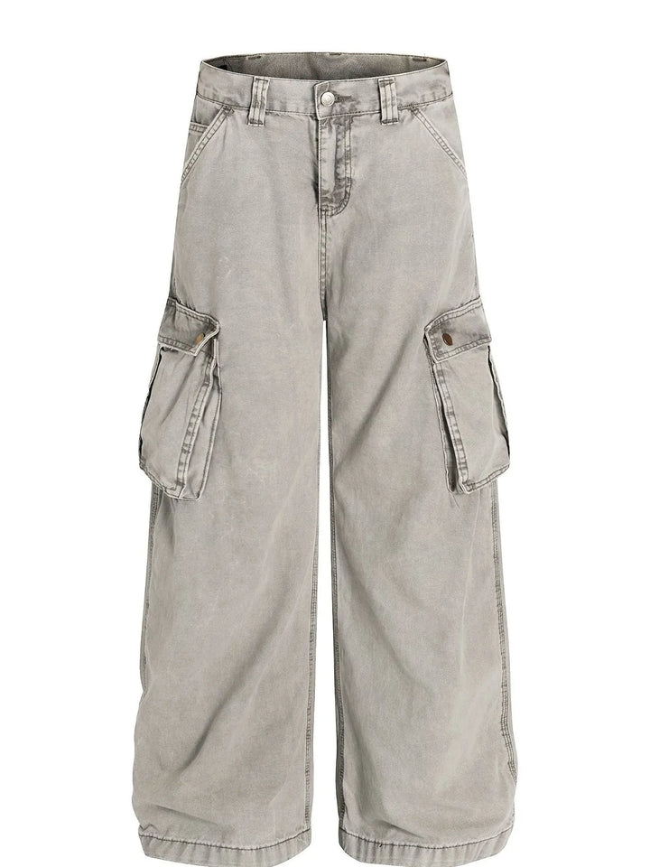 Men's Washed Wide Leg Cargo Jeans with Multiple Pockets