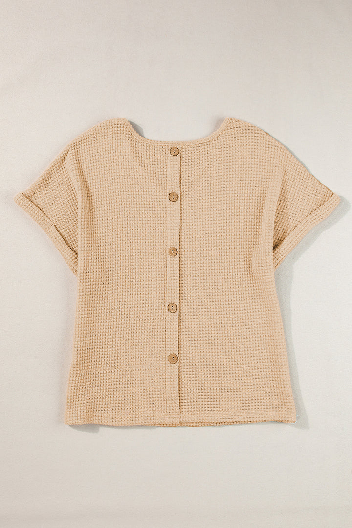 Oatmeal Textured Knit Button Back Cuffed Sleeve Tee