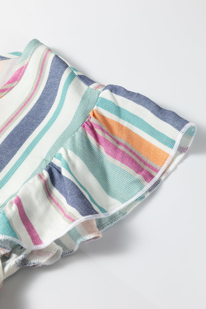 Light Blue Lace Hollow-out Insert Flutter Sleeve Striped Blouse