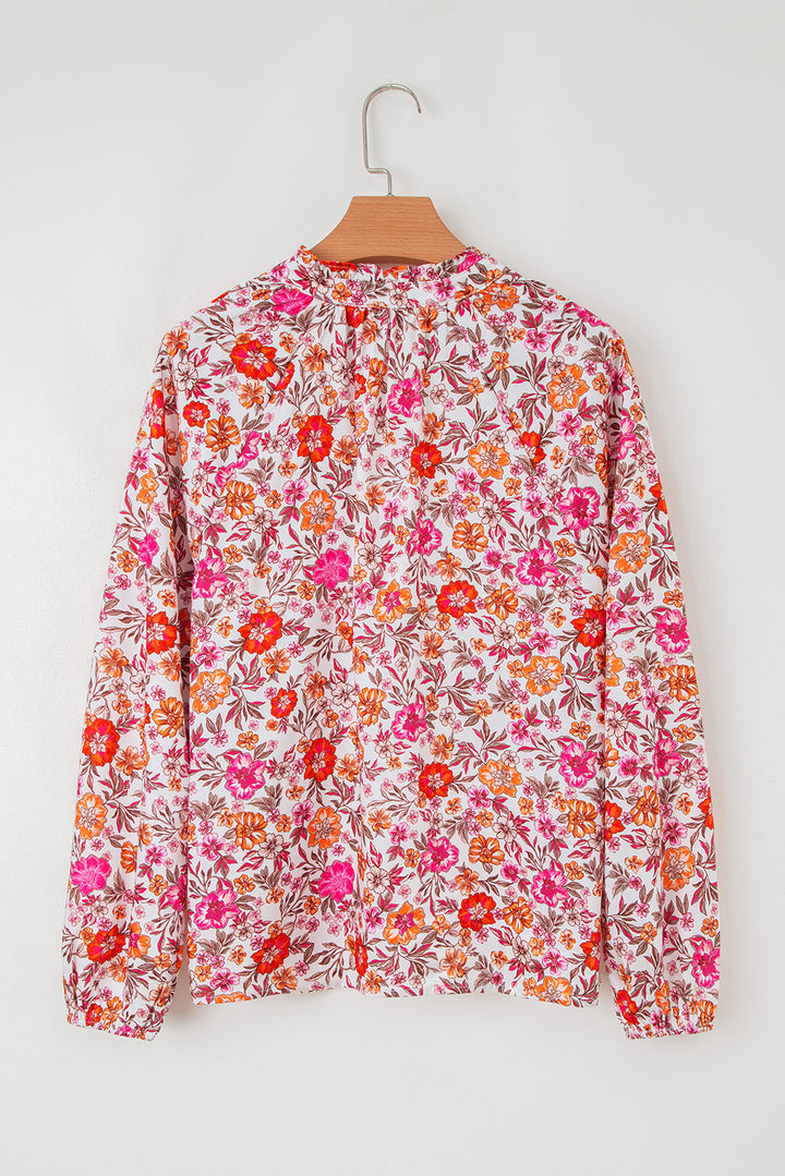 Pink Floral Print Tie Split Neck Bracelet Sleeve Blouse