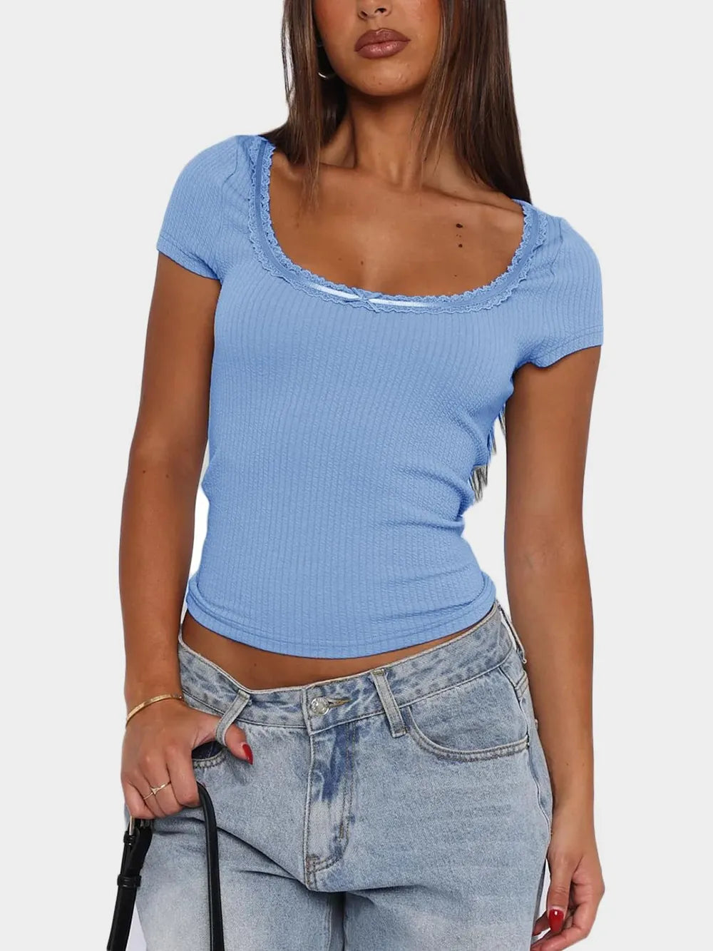 Lace Detail Scoop Neck Short Sleeve T-Shirt