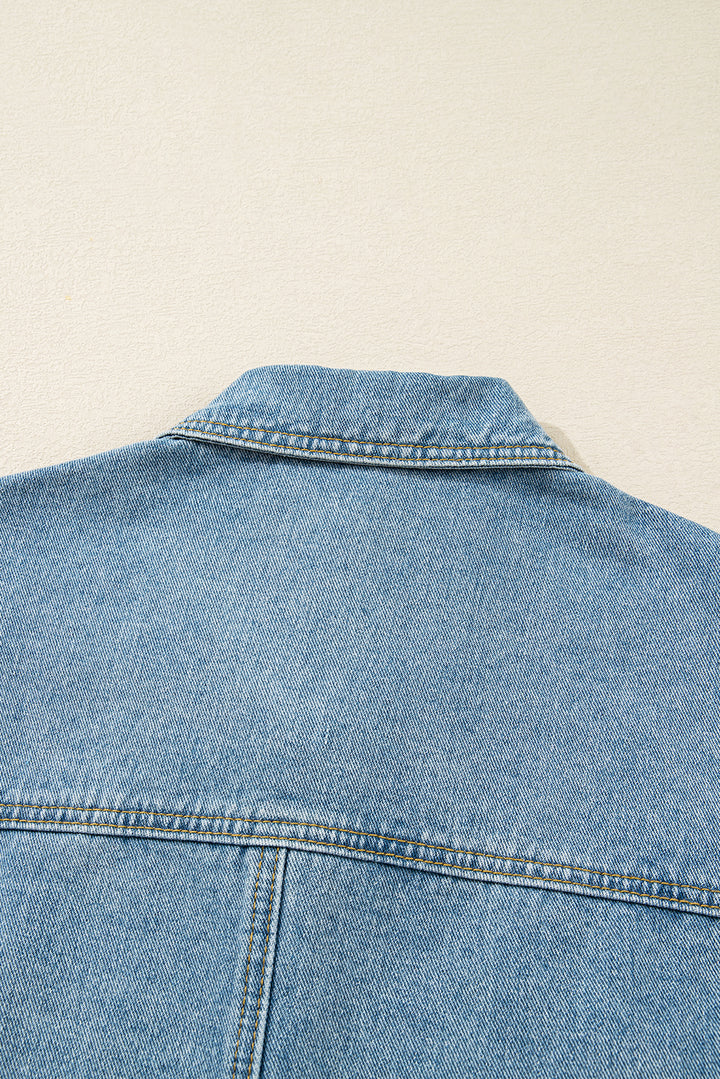 Beau Blue Multi Patched Pockets Side Tie up Boyfriend Style Denim Jacket