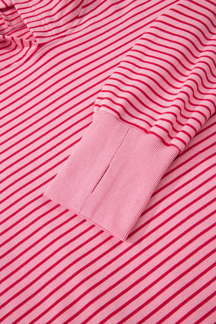 Rose Stripe Thumbhole Side Slits Drop Shoulder Loose Fit Hoodie