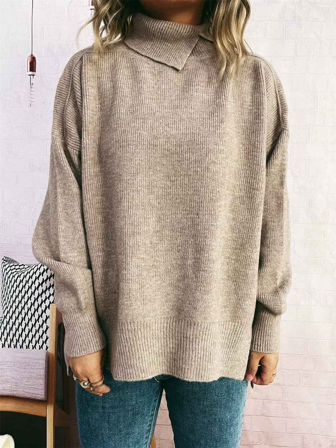 Slit Turtleneck Long Sleeve Sweater