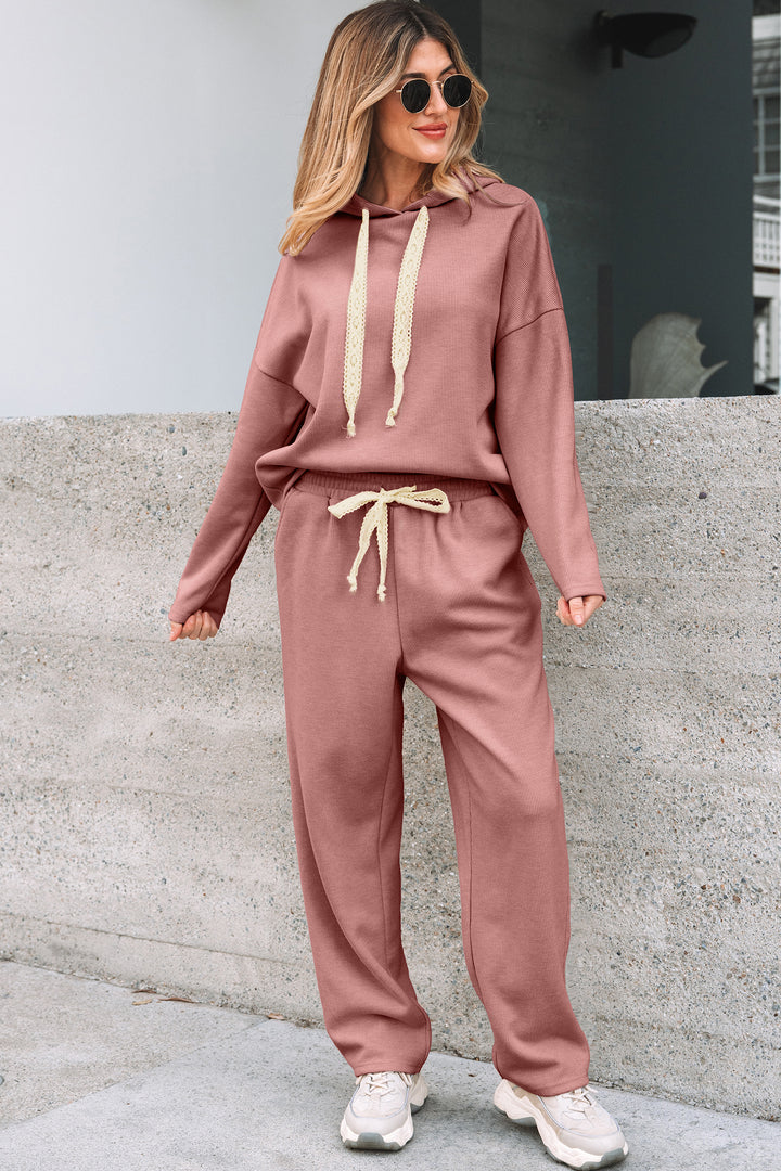 Rose Tan Lace Drawstring Pullover Hoodie and High Waist Pants Corduroy Suit